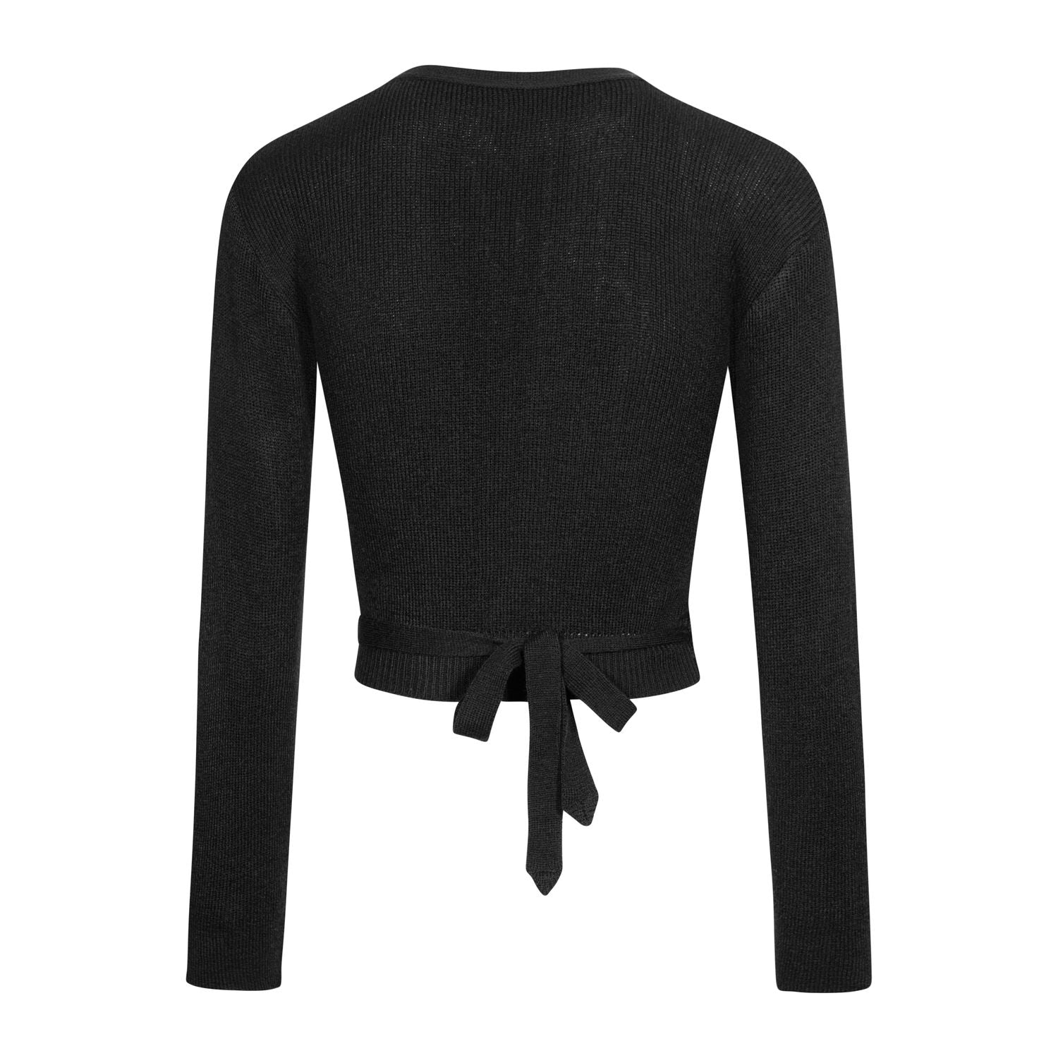 Rückansicht der M6000 Intermezzo Wickeljacke Elisa von Rumpf in Schwarz, perfekt zum Aufwärmen mit stylischem Taillenband.